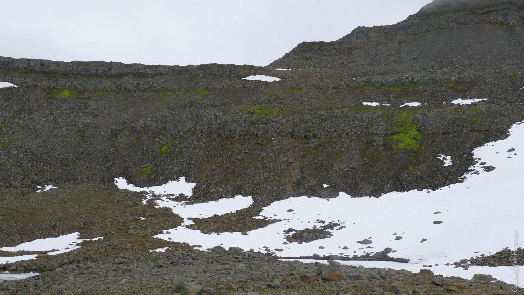 Nordstrandir - Iceland - Day4.  From the top snow patch, trace a line on the right directly down, that was our trail.