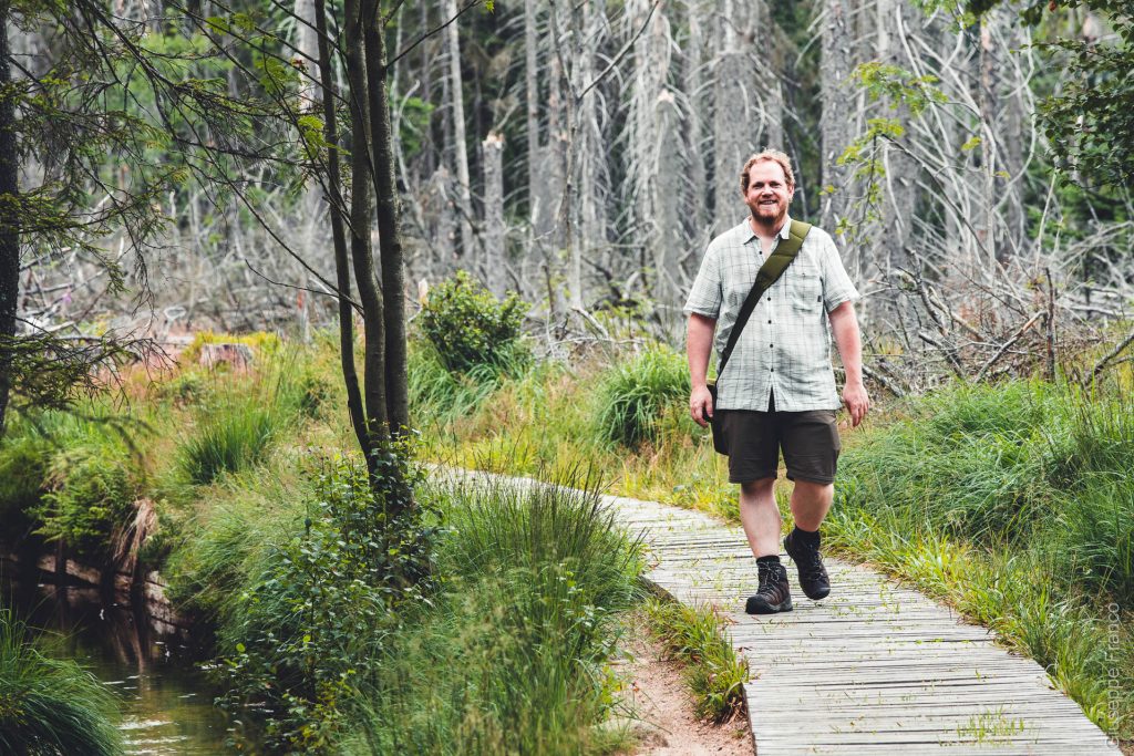 Me hiking on a wooden path in Harz National Park.