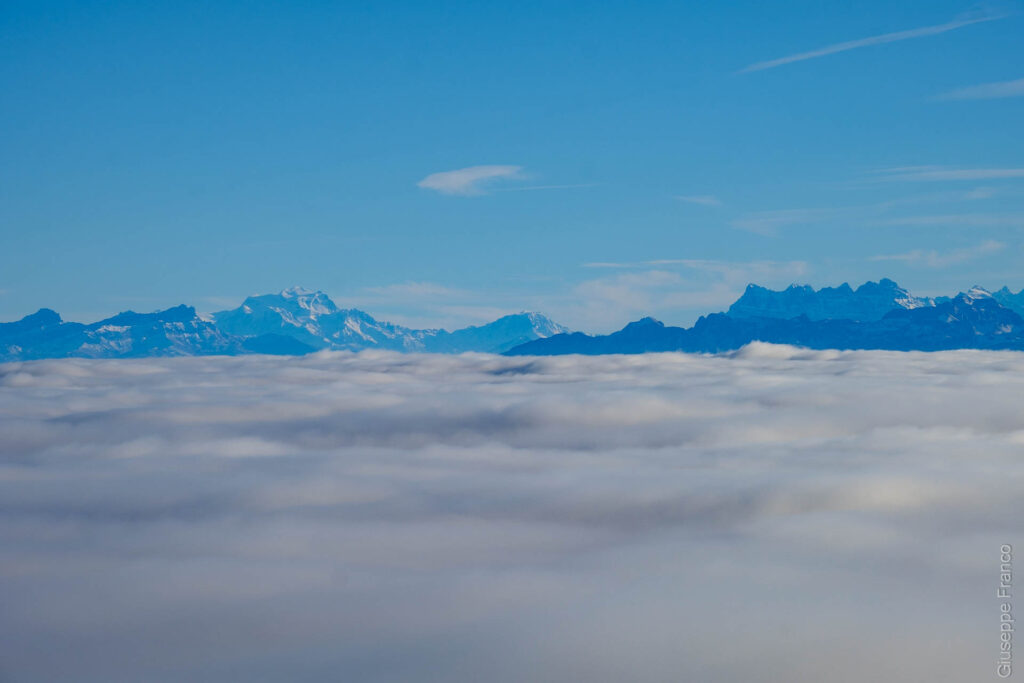 The Alps are well visible while the plateau is covered by a sea of cloud.