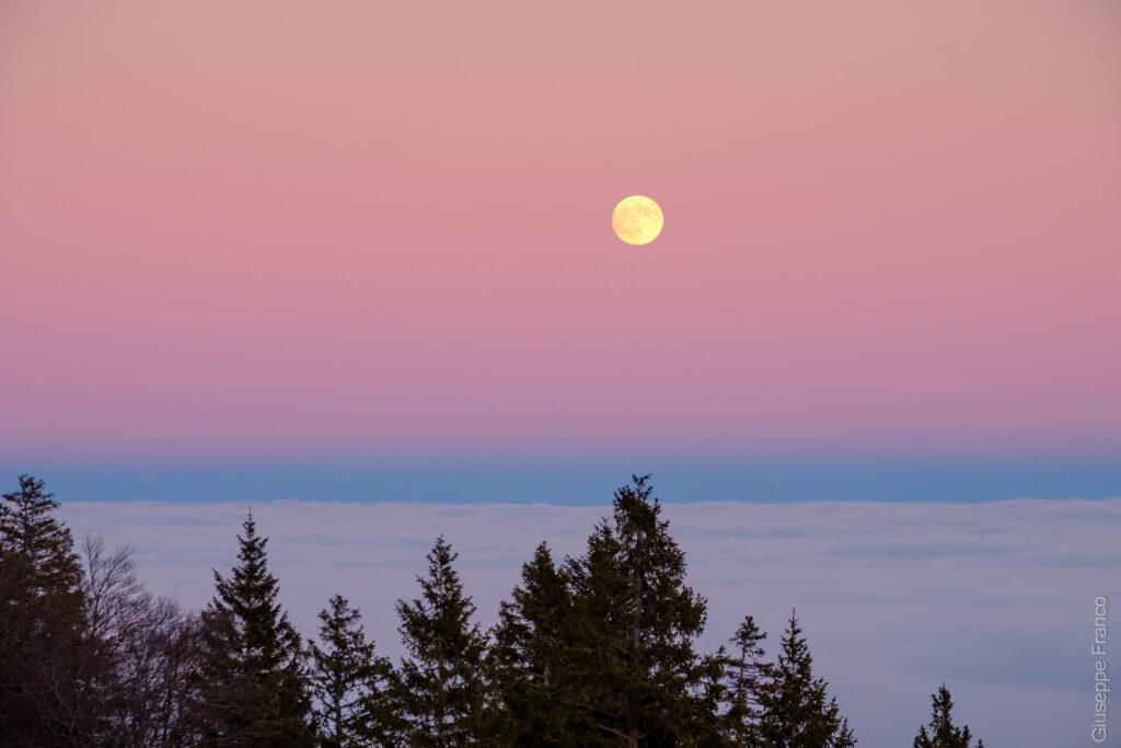 The moon is rising over a large sea of clouds during sunset. Color mode Fujifilm Velvia/Vivid.